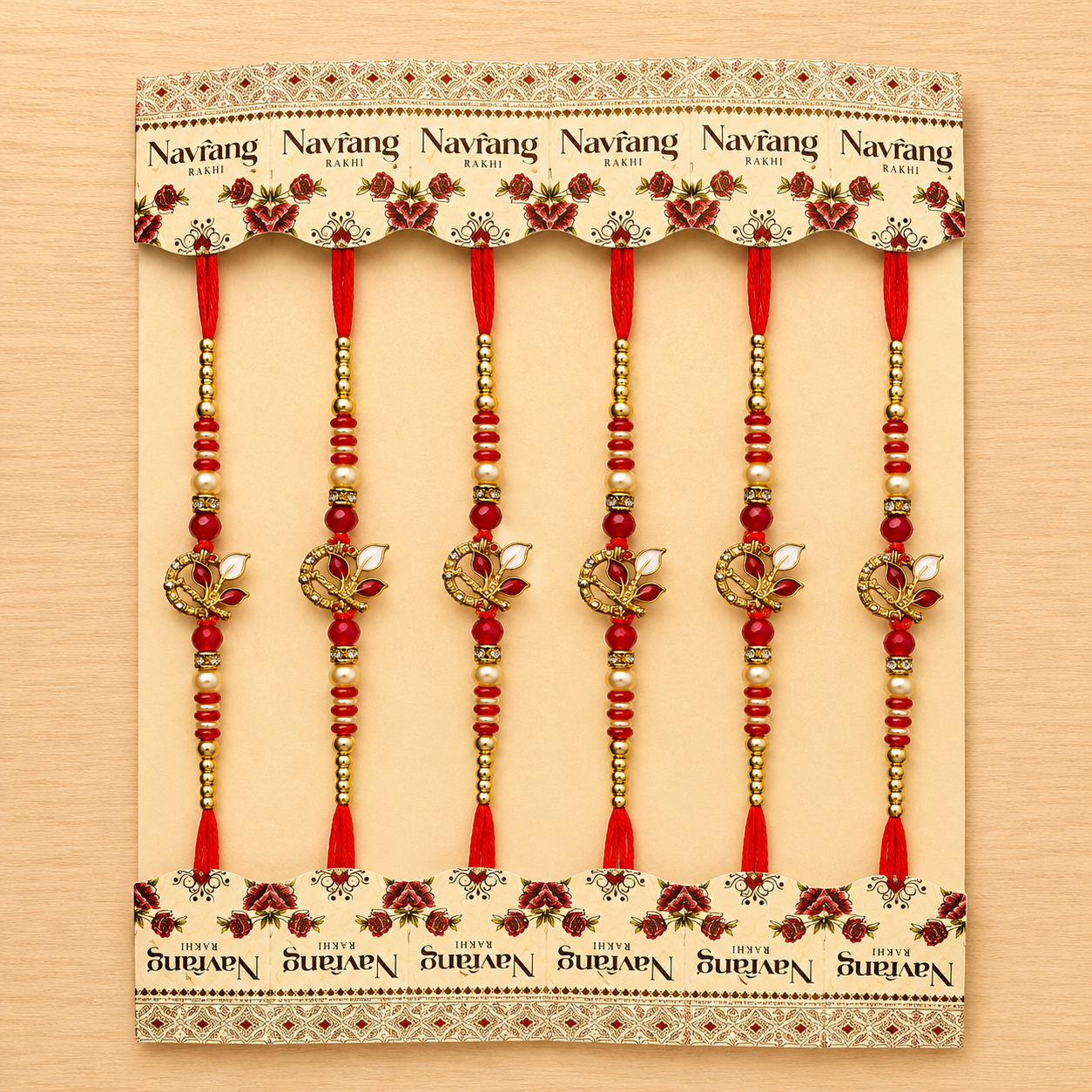 Handcrafted Red & Gold Designer Rakhi with Pearl Beads