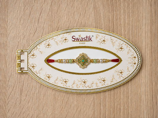 Traditional Green Gemstone Rakhi with Pearl Beads
