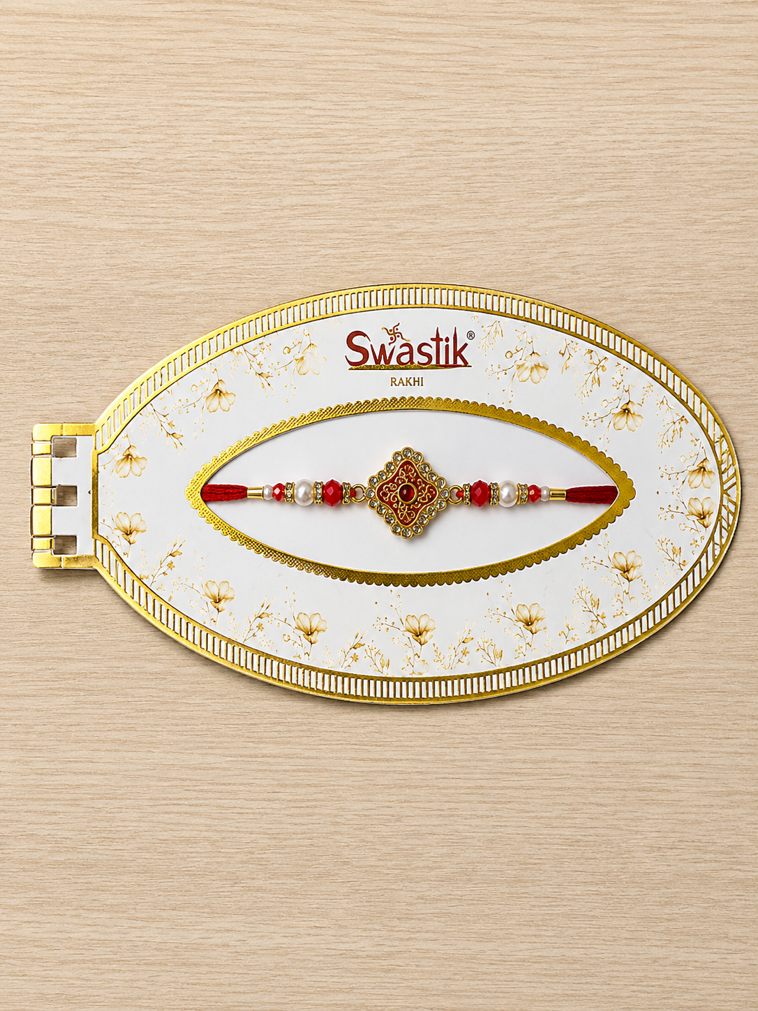 Traditional Red Gemstone Rakhi with Pearl Beads