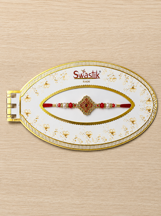 Traditional Red Gemstone Rakhi with Pearl Beads
