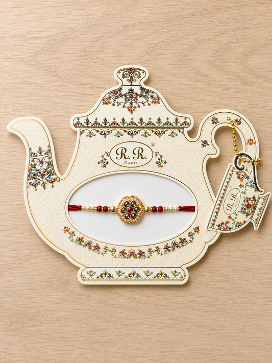 Premium Tea Kettle & Cup Designer Kundan Rakhi with Red Stone, Pearl & Gold Beads