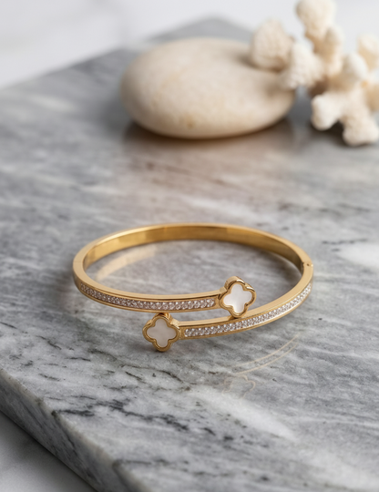 Open Cuff Four Leaf Clover Zircon Bangle