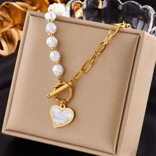Pearl Heart Toggle Charm Necklace