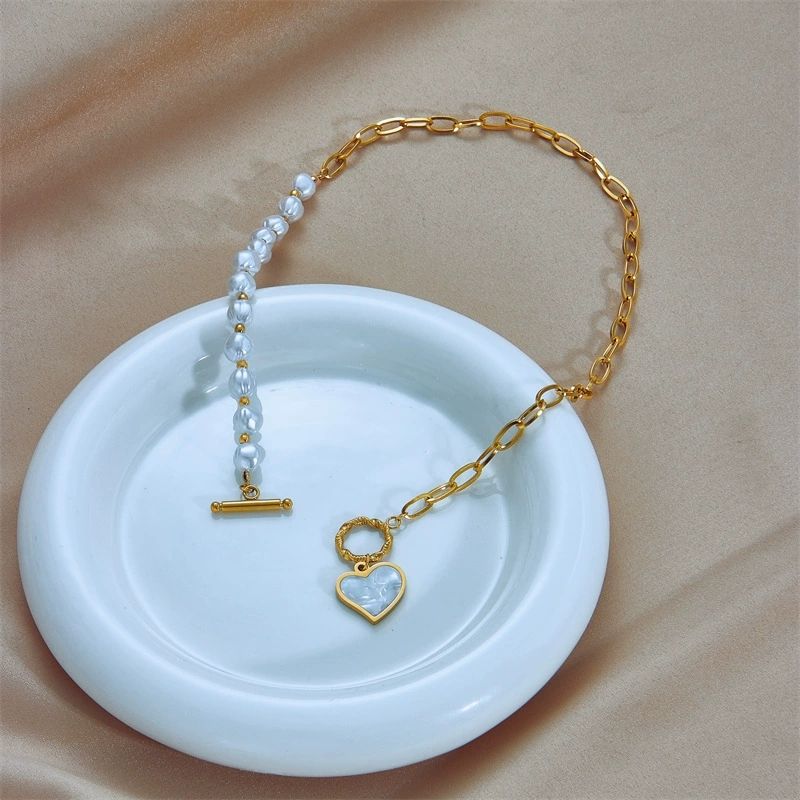 Pearl Heart Toggle Charm Necklace