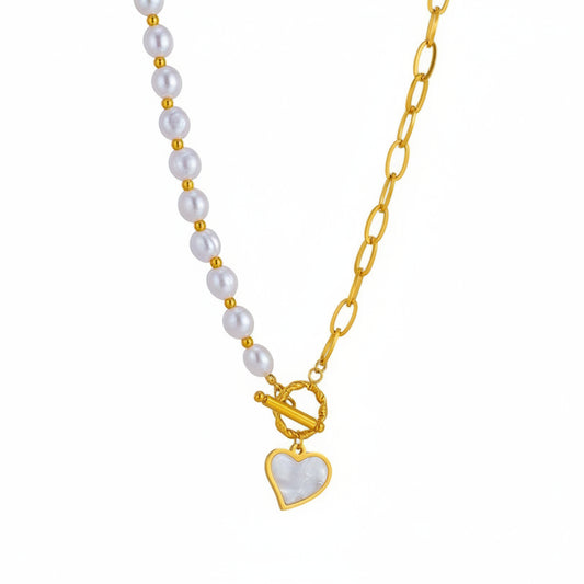 Pearl Heart Toggle Charm Necklace