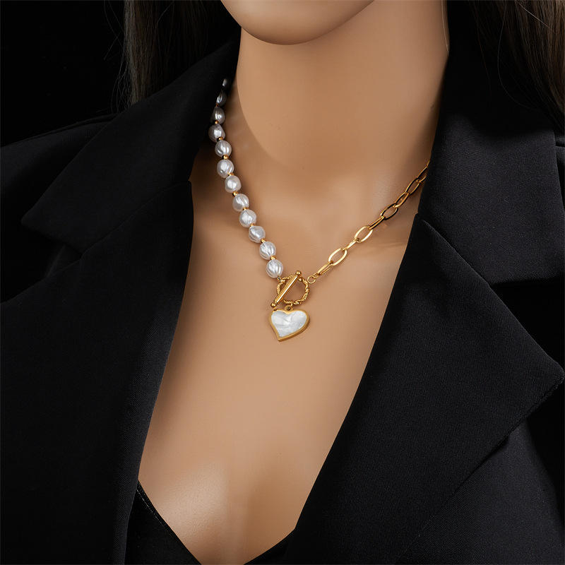 Pearl Heart Toggle Charm Necklace